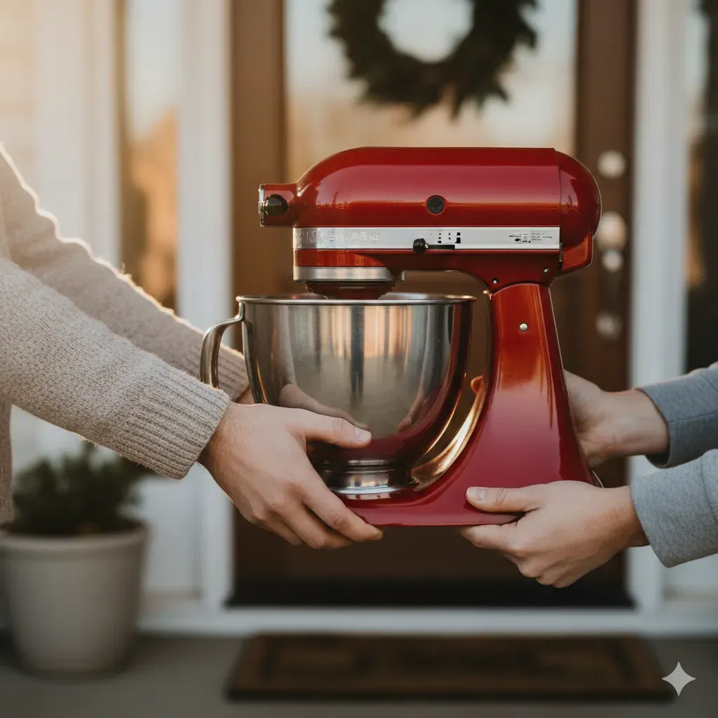 A KitchenAid stand mixer being handed over at a front door for pick up