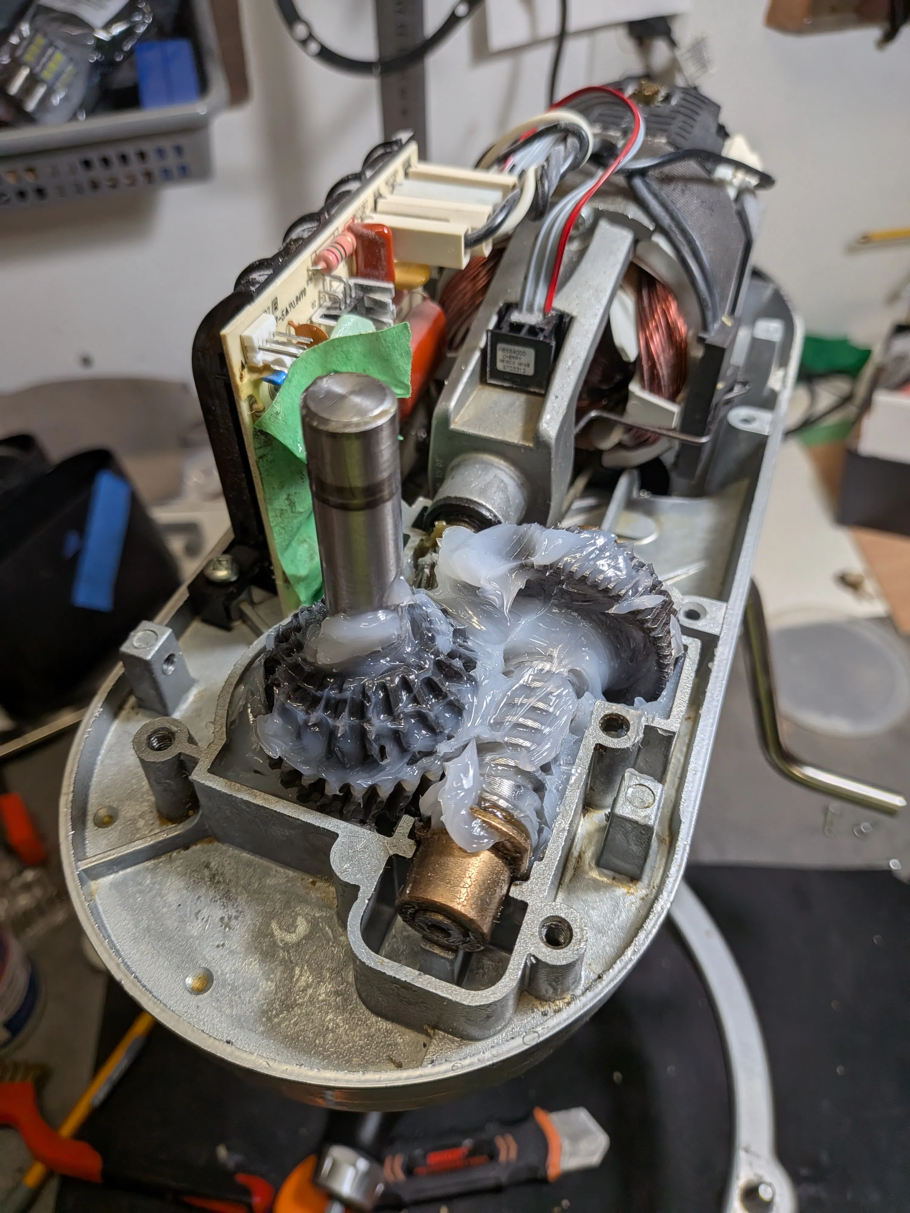 Bowl-lift KitchenAid mixer gearbox packed with fresh food-grade grease, ready for reassembly