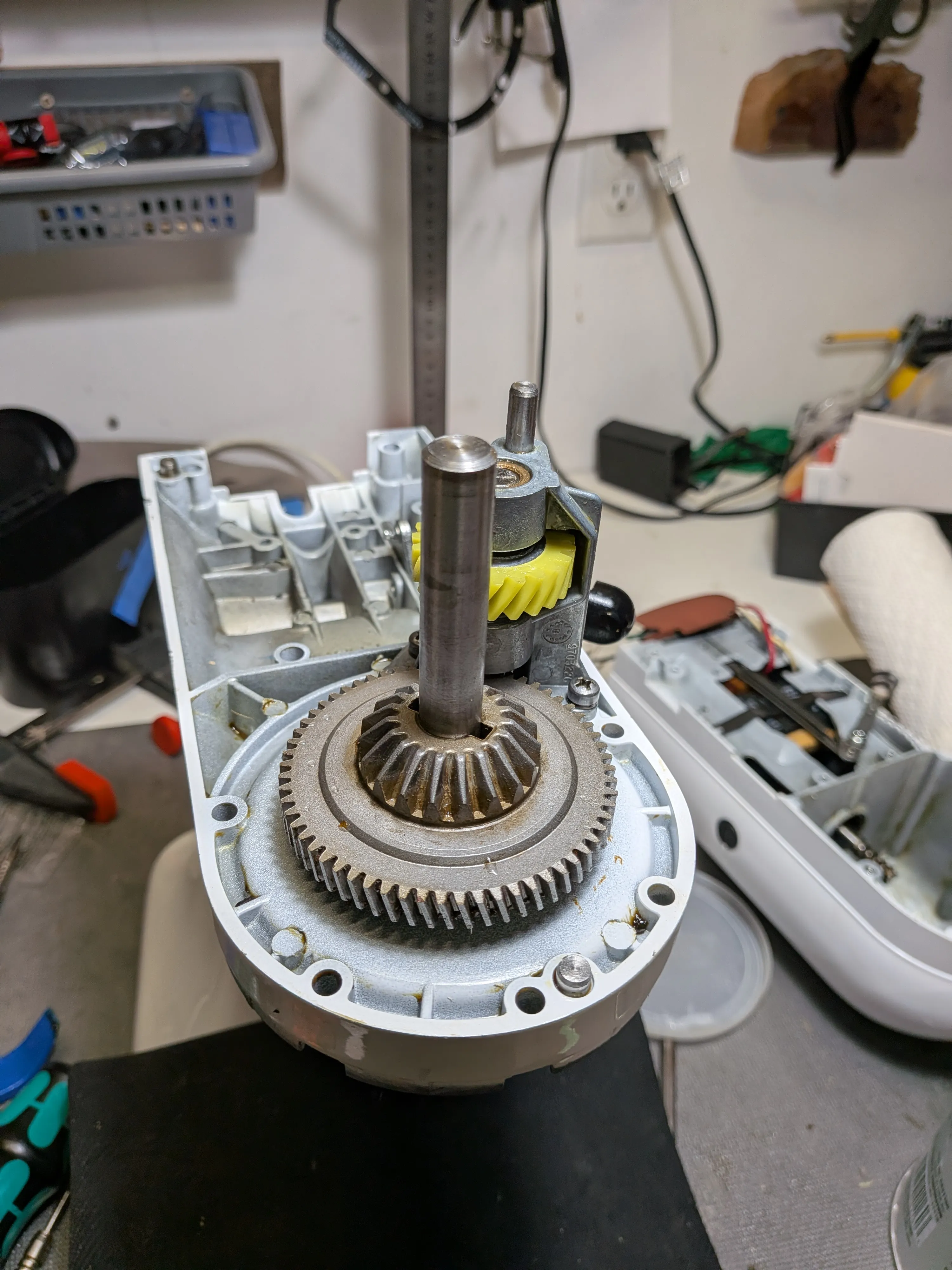 A tilt-head KitchenAid mixer gearbox cleaned out and ready for fresh grease