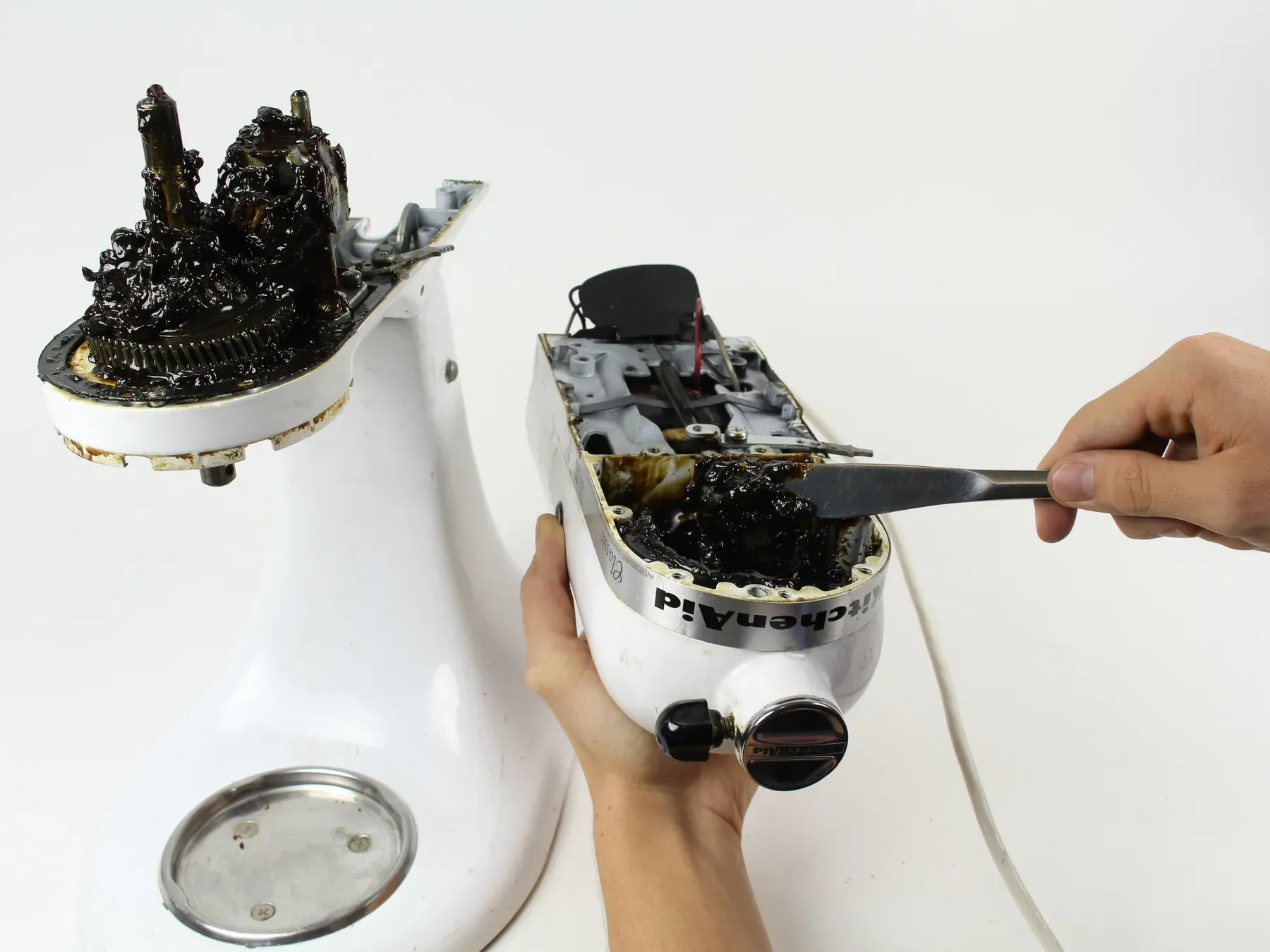 A KitchenAid stand mixer opened up for a re-grease and gasket replacement